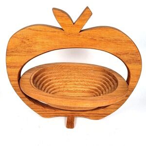 Vtg Wooden Ways Collapsible Apple-Shaped Standing Wooden Basket Bowl Farmhouse